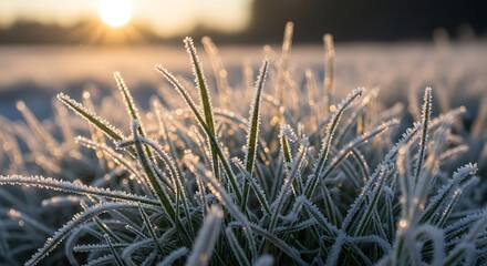 Close up of frosted grass against a bright morning sunrise