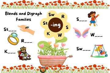 Fototapeta premium Blends and Digraph Families with -ing Educational Visual for Early Literacy and Language Skills