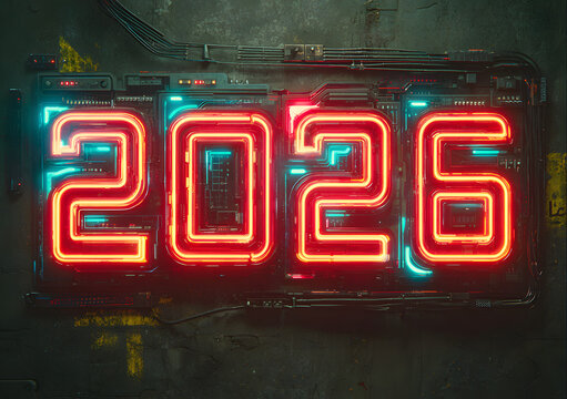 Bright futuristic neon numbers "2026" glow against dark background with circuit lines and light trails