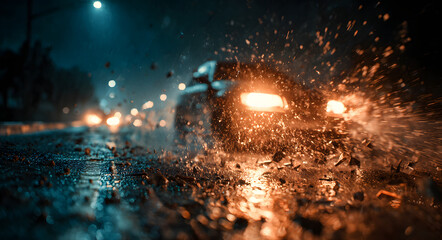 Rainy night car accident scene with headlights and debris on wet road