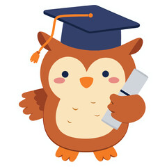 Fluffy Owl Wearing Tiny Graduation Cap Holding Diploma | Cute Wise Owl Graduate Illustration | Adorable Kawaii Owl with Cap and Certificate | Charming Cartoon Owl Celebrating Graduation