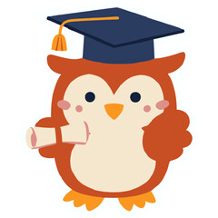 Fluffy Owl Wearing Tiny Graduation Cap Holding Diploma | Cute Wise Owl Graduate Illustration | Adorable Kawaii Owl with Cap and Certificate | Charming Cartoon Owl Celebrating Graduation