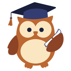 Fluffy Owl Wearing Tiny Graduation Cap Holding Diploma | Cute Wise Owl Graduate Illustration | Adorable Kawaii Owl with Cap and Certificate | Charming Cartoon Owl Celebrating Graduation