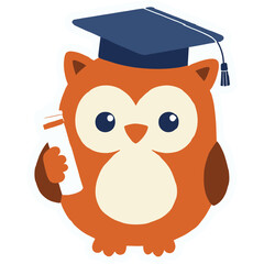 Fluffy Owl Wearing Tiny Graduation Cap Holding Diploma | Cute Wise Owl Graduate Illustration | Adorable Kawaii Owl with Cap and Certificate | Charming Cartoon Owl Celebrating Graduation