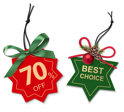 Set of decorative red and green paper price tag template with bow isolated on white. Beautiful new year or Christmas sale decoration for your design. Vector stock illustration