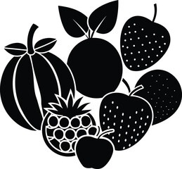 Fruit Silhouette Vector Illustration &ndash; Black and White Fruits Icon Set with Apple, Strawberry and Pineapple