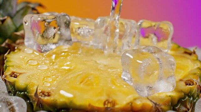 Close up of fresh pineapple slice being doused with water and ice cubes on a vibrant background for refreshing drink concept