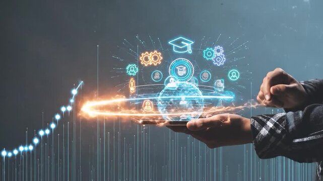 Digital Education Video with Holographic Learning Icons Above Tablet