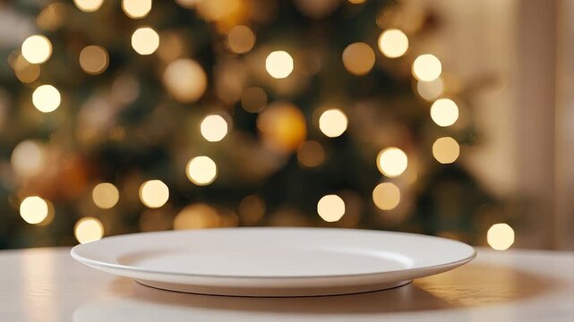 The image features a clean white plate placed on a table with a backdrop of a beautifully lit Christmas tree. This Christmas tree's warm lights create a festive atmosphere around t