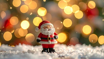 Festive Santa Claus Figurine with Bokeh Christmas Lights Background.