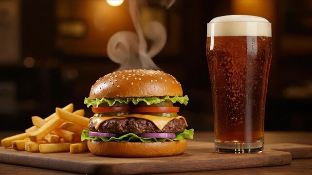 Juicy Cheeseburger Video Served with French Fries and Beverage
