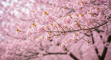 Close up of blooming cherry blossom branches against a soft background