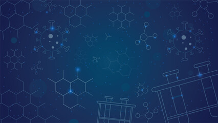 Modern abstract science background showing molecular structures virus shapes and laboratory equipment with glowing particles on a blue digital chemistry and research theme.