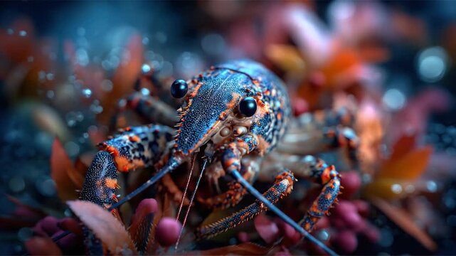 A vibrant, intricately patterned crustacean nestled amidst colorful, blurred aquatic foliage