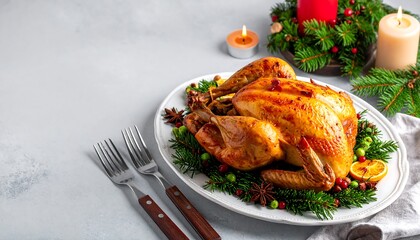 Festive Christmas Roast Chicken Dinner with Holiday Decorations.