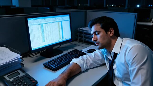 Exhausted businessman sleeping at his desk while working late at night in a dark office. Overworked employee wakes up to continue working on the computer. Corporate burnout and work stress concept