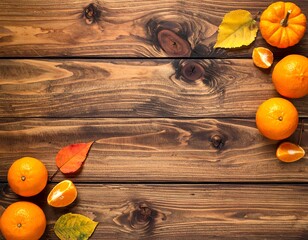 Autumnal Still Life - Oranges and Leaves on Rustic Wood.