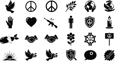 Collection of peace symbols and anti war icons including doves peace signs hearts and hands isolated on transparent background