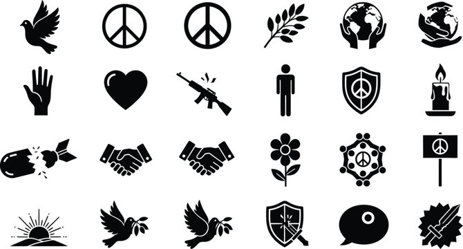 Collection of peace symbols and anti war icons including doves peace signs hearts and hands isolated on transparent background