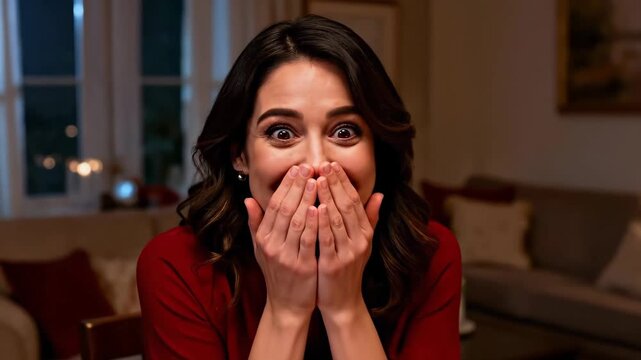 Man surprises a woman with a gift of diamond earrings during a romantic dinner. Close-up on her shocked and happy reaction as she receives the jewelry. Love and anniversary celebration concept