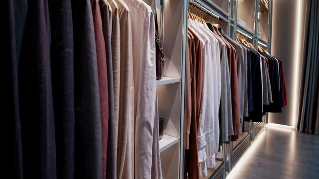 Wide-angle shot of a modern wardrobe with neatly arranged shirts. The video captures the sleek, organized style of a contemporary closet space.