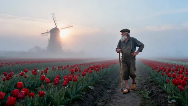 Traditional Dutch farmer standing in a red tulip field at sunrise. Iconic windmill in the background on a foggy morning in the Netherlands. Dutch culture and agricultural heritage concept
