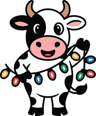 Fototapeta premium Cartoon Cow Holding Colorful Christmas Lights in Festive Holiday Pose with Cheerful Expression