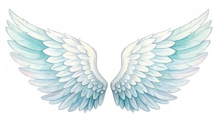 Obraz premium A beautifully illustrated pair of angelic wings, featuring soft gradients of blue and white, showcasing intricately detailed feather designs.