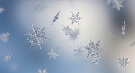 Close up of delicate snowflake crystals floating against blurred background