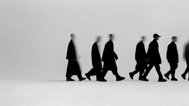 A line of male silhouettes in black walking against a white background. Stylized conceptual art with motion blur effect showing progression and time. Conformity and modern life concept