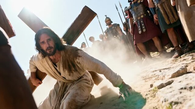 Jesus Christ falls while carrying the heavy cross up a dusty hill. A dramatic reenactment of the Passion of Christ on the Via Dolorosa. The biblical story of suffering and sacrifice for Easter