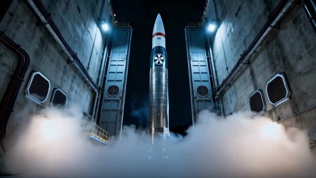 Futuristic rocket prepares for launch in an industrial hangar. A powerful military missile with glowing engines billow smoke before takeoff. Space exploration & advanced weapon technology concept.