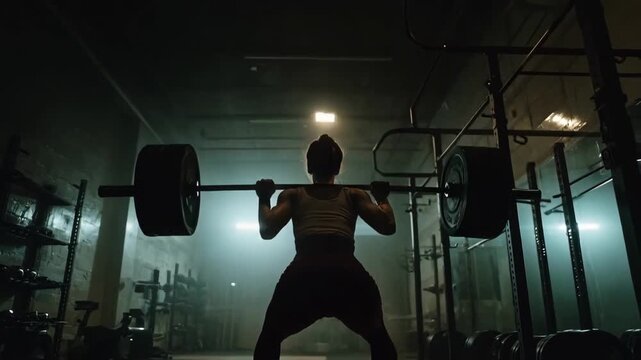 Silhouette of a strong woman performing a heavy barbell squat in a dark gym. Cinematic footage of an athlete weightlifting. Strength, power, and determination concept