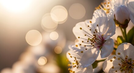 Close up of delicate white blossoms blooming in sunlight against bokeh background