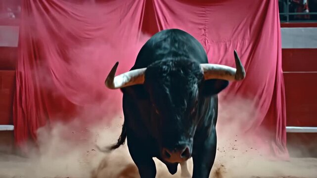 A powerful black bull charges aggressively towards the camera in slow motion. A fierce animal kicking up sand and dust in a bullfighting arena with a red background. Strength and rage concept