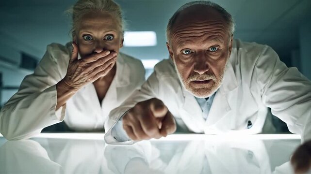 Shocked scientists discover something terrifying in a laboratory. A senior man and woman point in horror from a low-angle POV. Medical breakthrough or experiment gone wrong concept