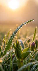 Close up of dewdrops on grass blades with a soft sunrise background