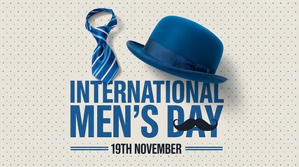 International mens day greeting card with hat and tie isolated on white background