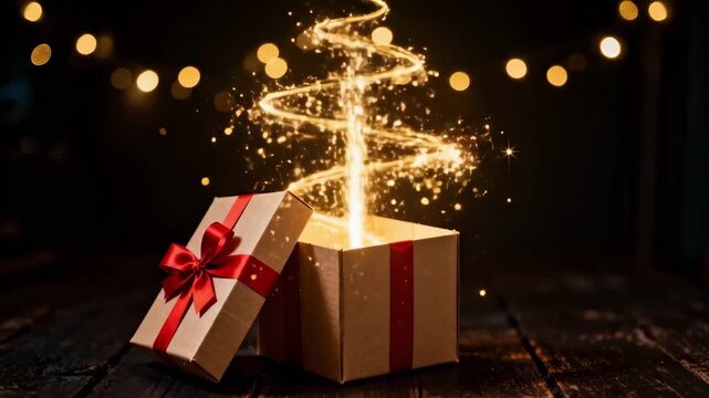 An open gift box with a red ribbon releasing a magical stream of golden sparkling light. A festive present on a dark wooden table with bokeh lights. Holiday celebration and surprise concept