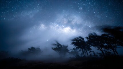 Dramatic misty night landscape with silhouetted trees bending in strong winds under a vast starry and cloudy sky