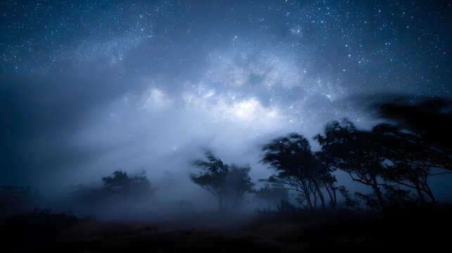 Dramatic misty night landscape with silhouetted trees bending in strong winds under a vast starry and cloudy sky