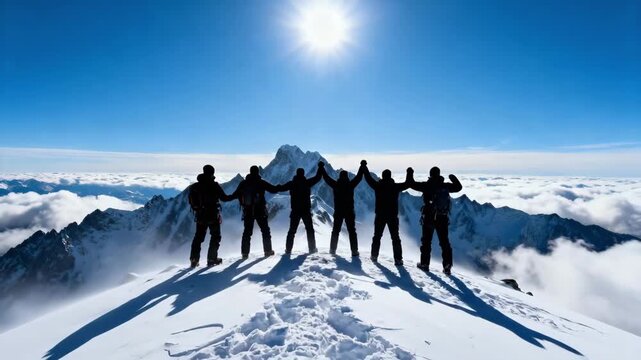 Silhouette of a team celebrating success on a snowy mountain summit. Group of climbers holding hands in victory above the clouds. Teamwork, collaboration and achievement concept