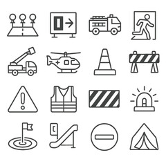 Traffic and safety linear icon set. road sign, exit, fire truck, evacuation, ambulance, barrier, vest, siren, tent