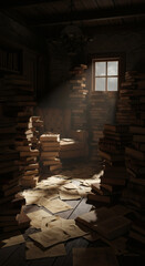 Obraz premium An ancient, ornate book lies open on a red velvet cloth in front of a bookshelf filled with old books.