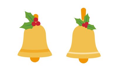 Christmas Bells flat vector illustration set.
Christmas bells with holly leaves clipart cartoon.
White background.