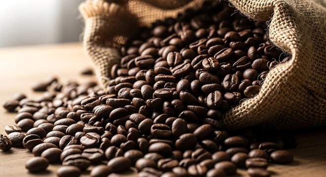 Aromatic coffee beans spill from a burlap sack on wooden table