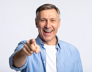 Happy person smiling and pointing finger