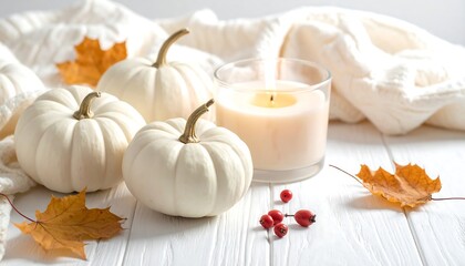 Autumnal Still Life with White Pumpkins and Candle.