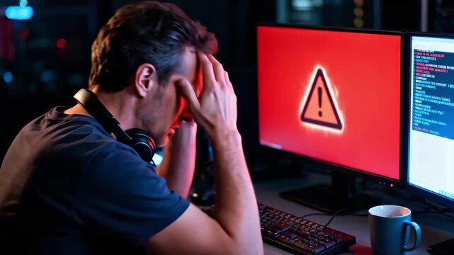Stressed programmer reacting to a critical computer error at night. A frustrated developer sees a system failure warning on the screen. Cybersecurity threat and data breach concept