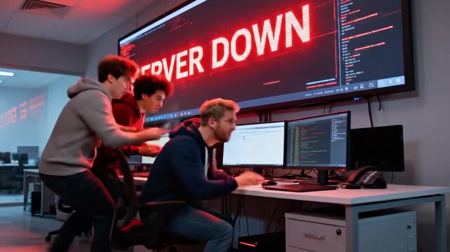 A team of IT programmers rushes to fix a critical error in a data center. Men react to a "Server Down" alert on a large screen during a cybersecurity crisis. Teamwork and problem-solving concept